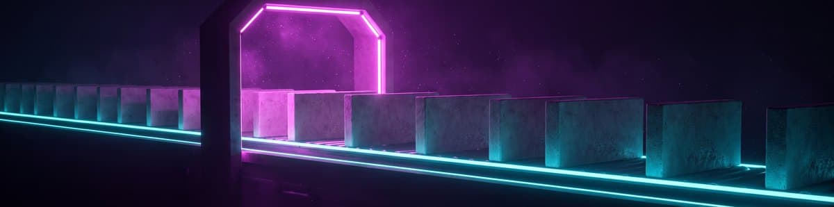 Identical slabs travelling along a lit rail through a glowing gate