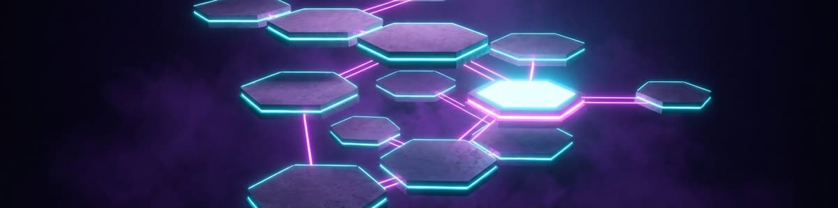 Interlocking hexagonal plates linked by light beams, one plate lit brighter than the rest