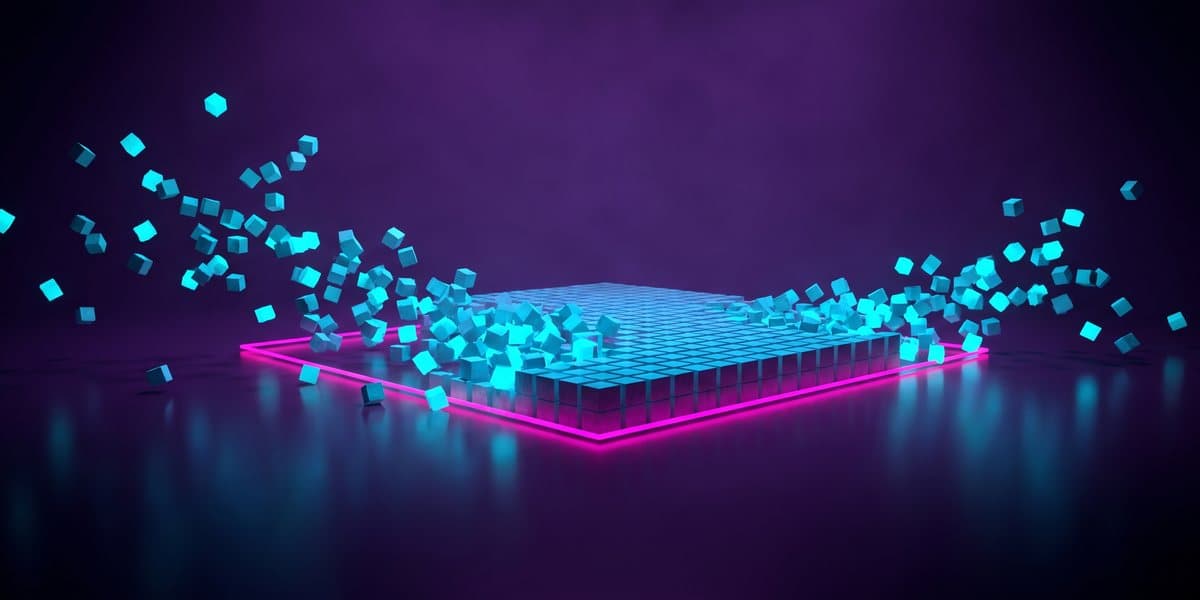 Scattered lit blocks moving into a single ordered formation on a dark floor